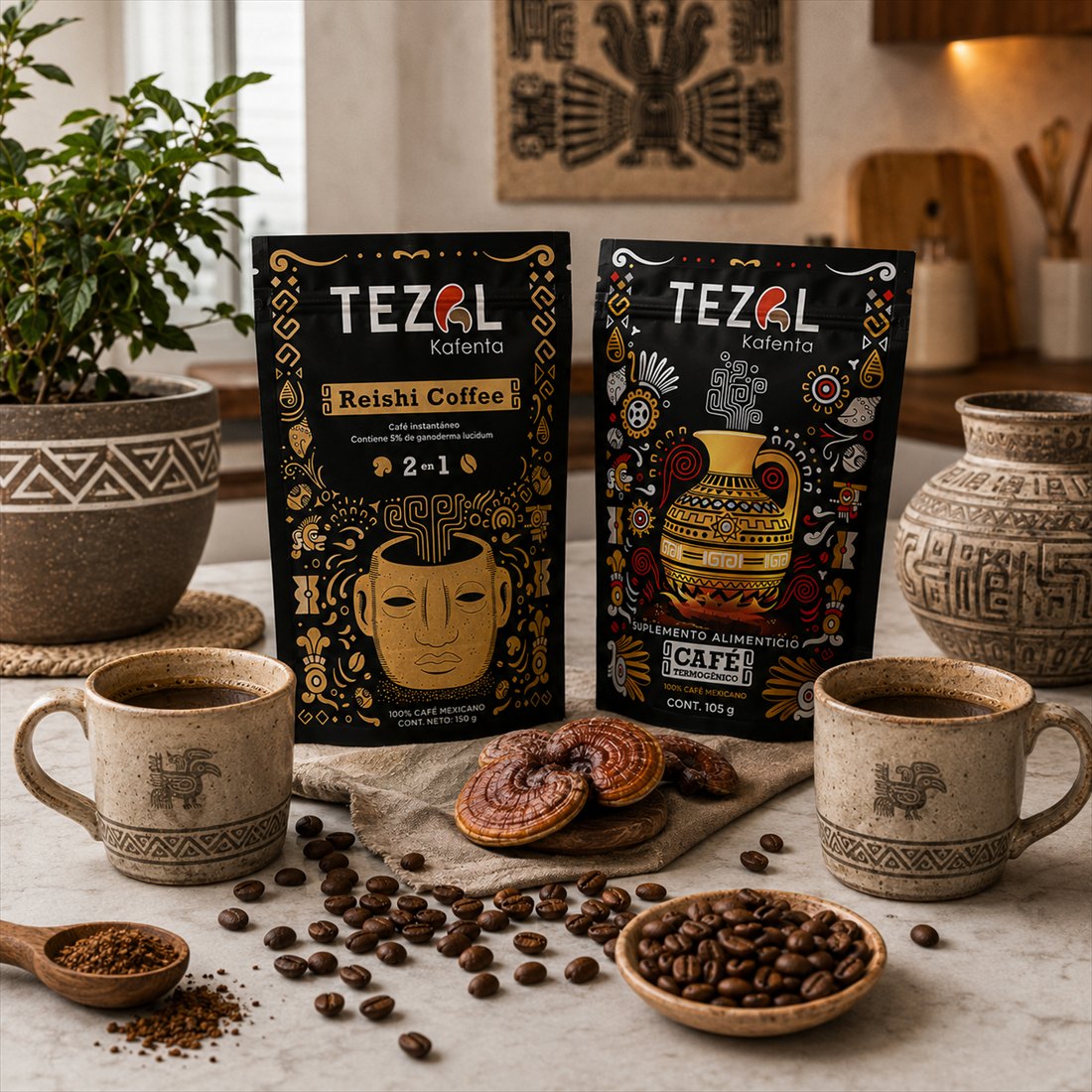 Café Tézal Kafenta con tazas de barro pintadas, hongos reishi y arte mesoamericano — raíces ancestrales de México